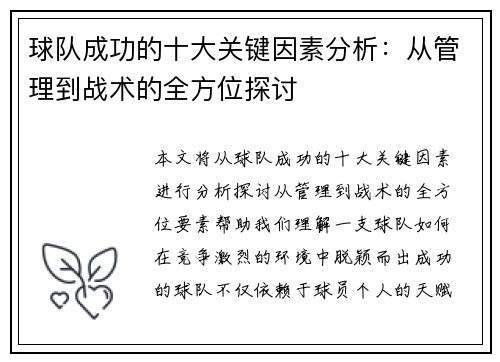 球队成功的十大关键因素分析：从管理到战术的全方位探讨